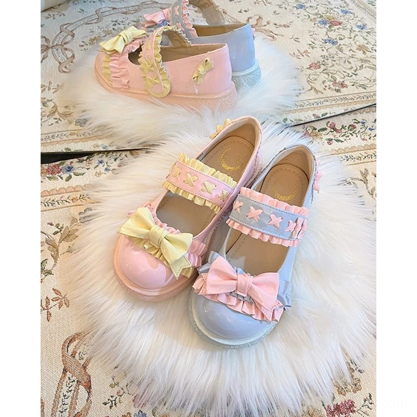 Two-tone Lolita flat shoes detailed product shot showing magic sticker fastening system, round toe construction and shallow mouth design for comfortable fit