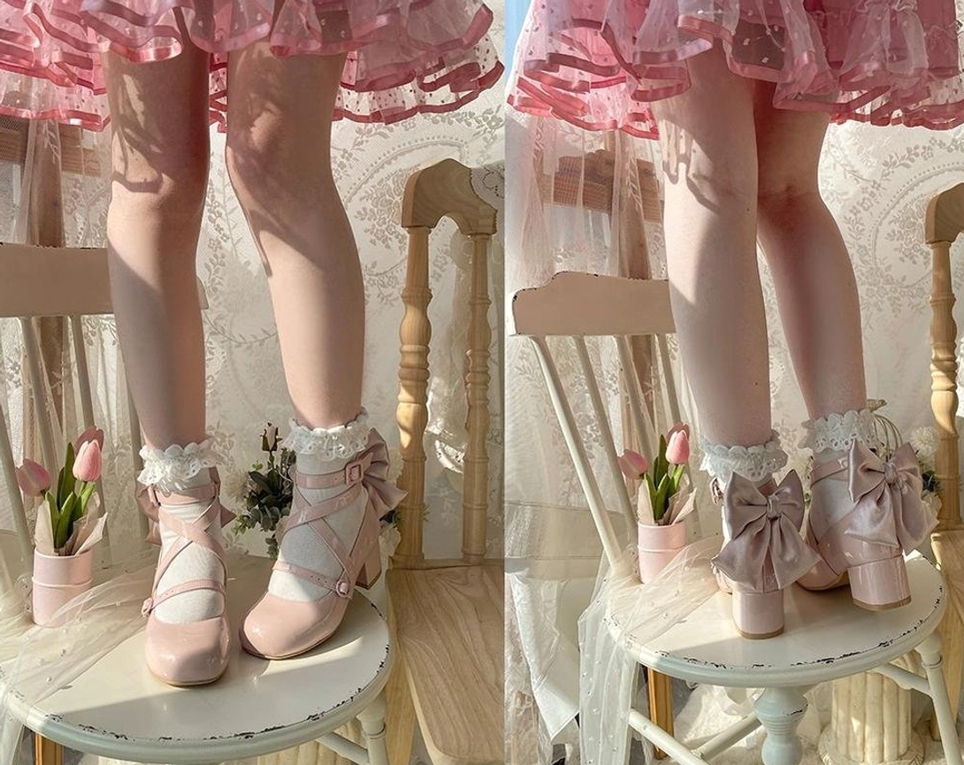 Two-tone pink lolita heel shoes back view models wearing light pink nude pink color options ankle strap side bow ruffled socks