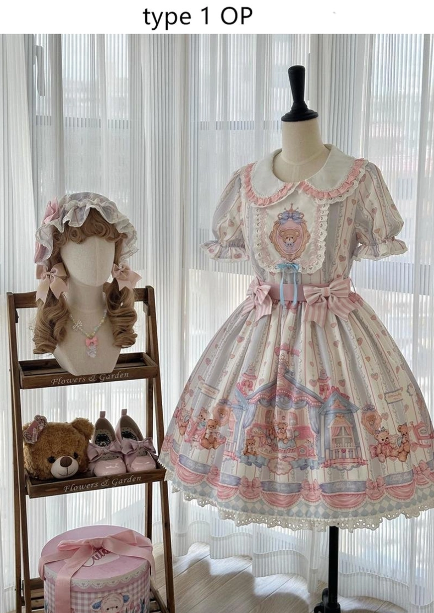Type 1 OP sweet lolita bear print dress full set model wearing complete coordinate with all included accessories