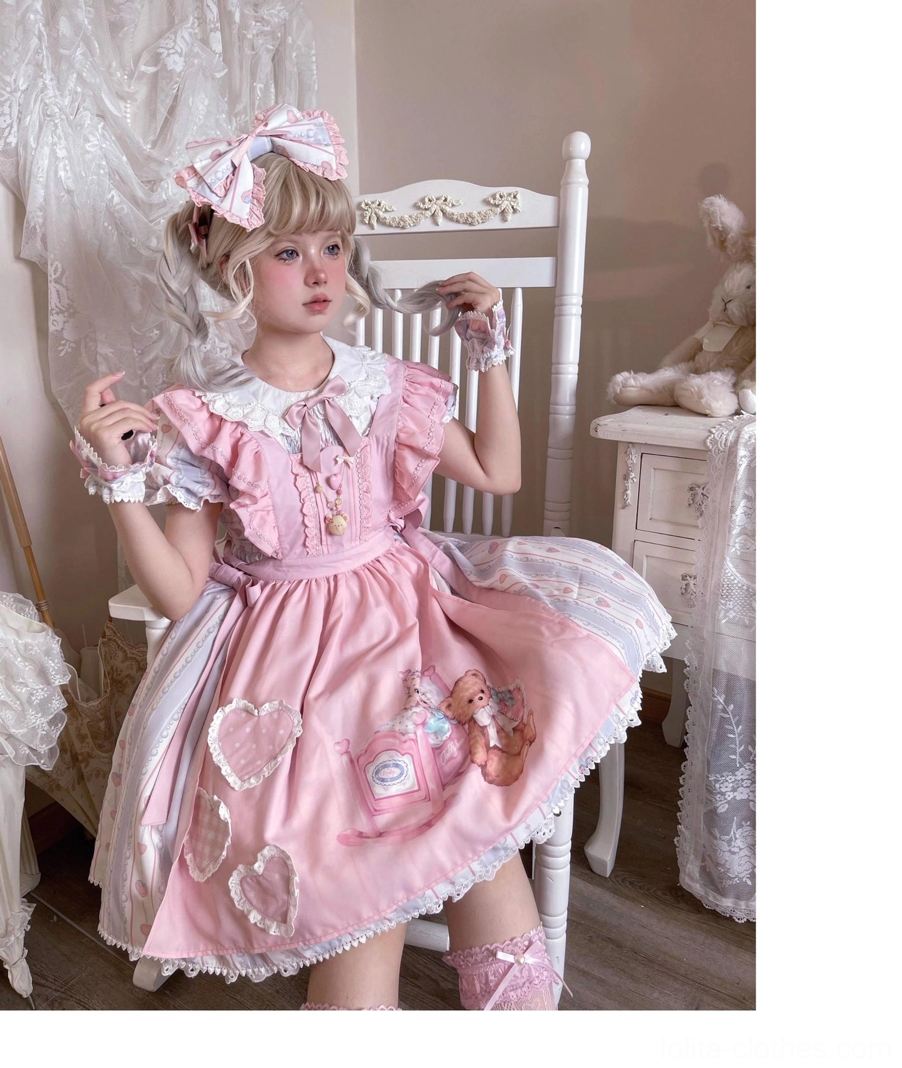 Type 2 OP full set lolita bear dress coordinates with cuffs bow hair clip maid headpiece apron baby hat bear clip back bow