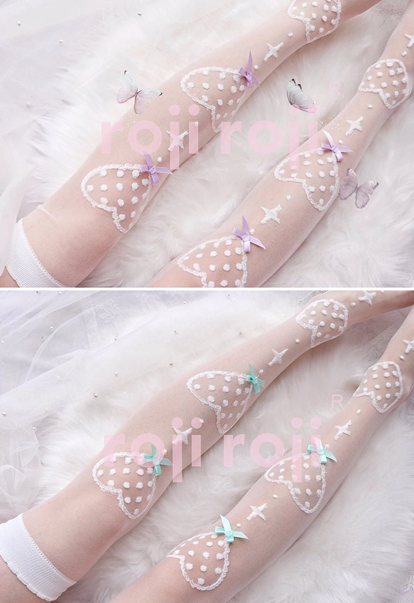 Flat lay product photography of ultra-thin summer Lolita knee socks featuring sheer nude fabric with bow and heart print decorations and elastic top cuffs