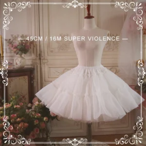 Ultra-voluminous A-line Lolita petticoat in white organza with pure cotton lining, displaying 45cm length and dramatic bell-jar silhouette on vintage dress mannequin, front full view