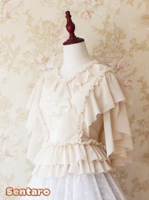 Cream apricot sweet Lolita chiffon blouse straight front view showcasing double-layered flutter sleeves and ruffled V-neckline with tiered waist trim on dress form