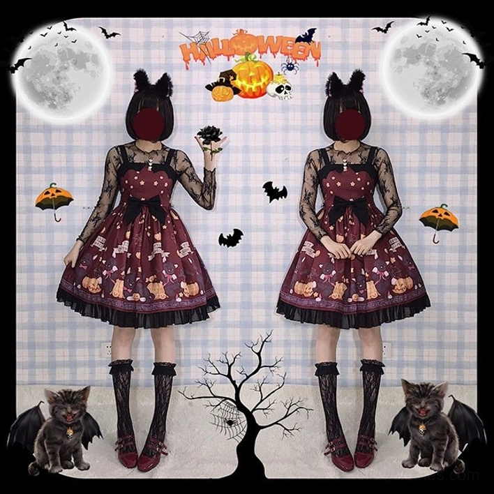 Halloween themed lolita jumper skirt vampire cat pattern full body front and side view on Halloween backdrop with full moon pumpkins bats and dead trees burgundy and purple color variants with matching lace socks and cat wing accessories
