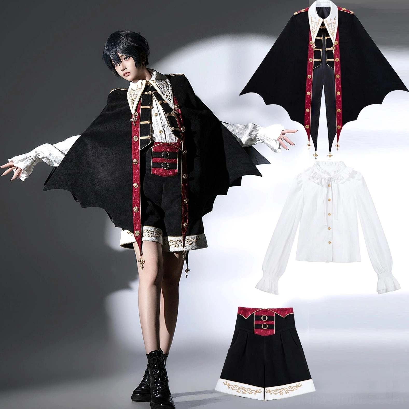 Vampire Ouji Lolita three-piece set flat lay with androgynous model wearing complete outfit showing bat cape ruffled collar embroidered shorts