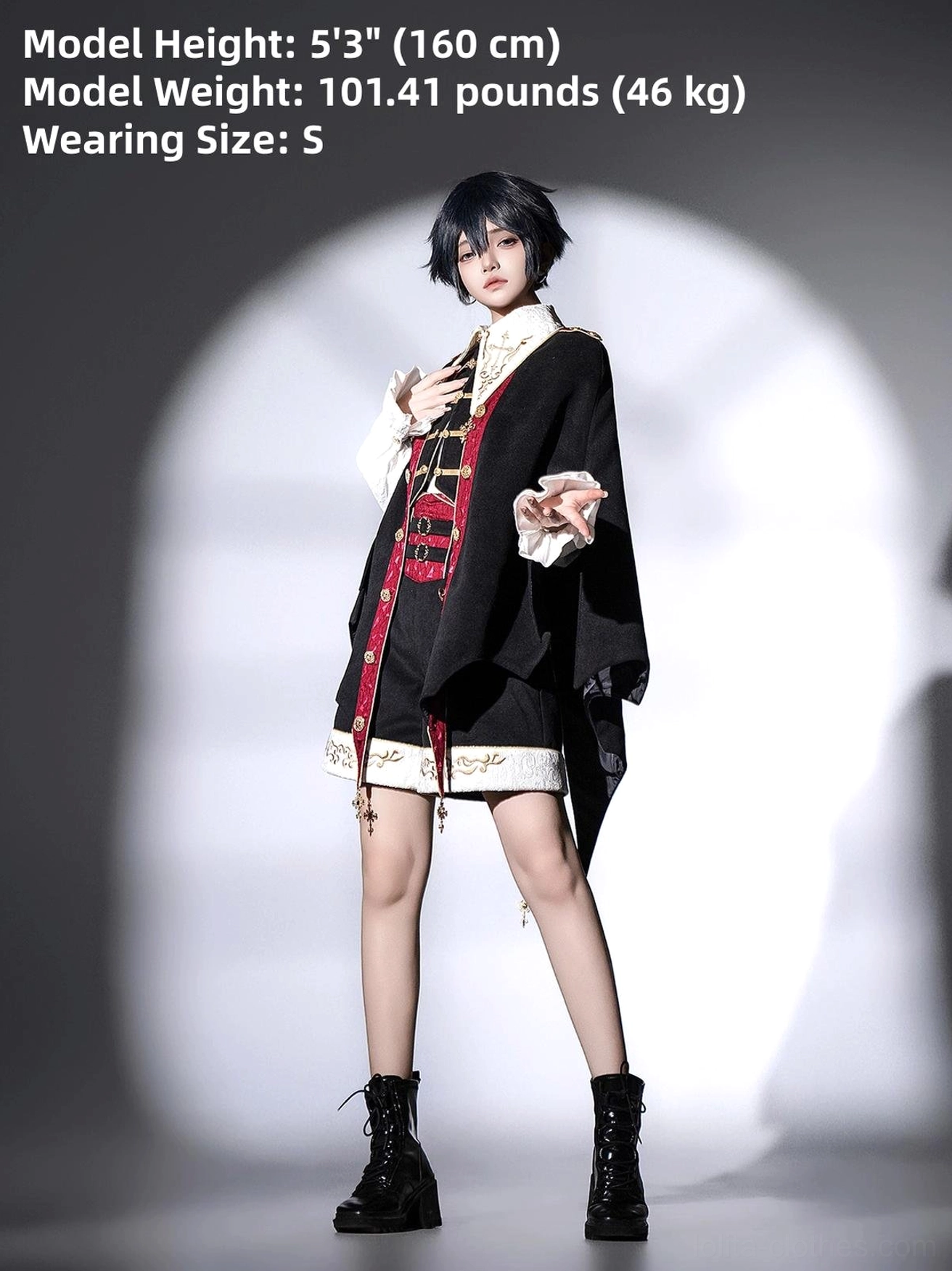Model height 160cm weight 46kg wearing size S vampire Ouji Lolita bat cape set full body front pose formal gothic styling