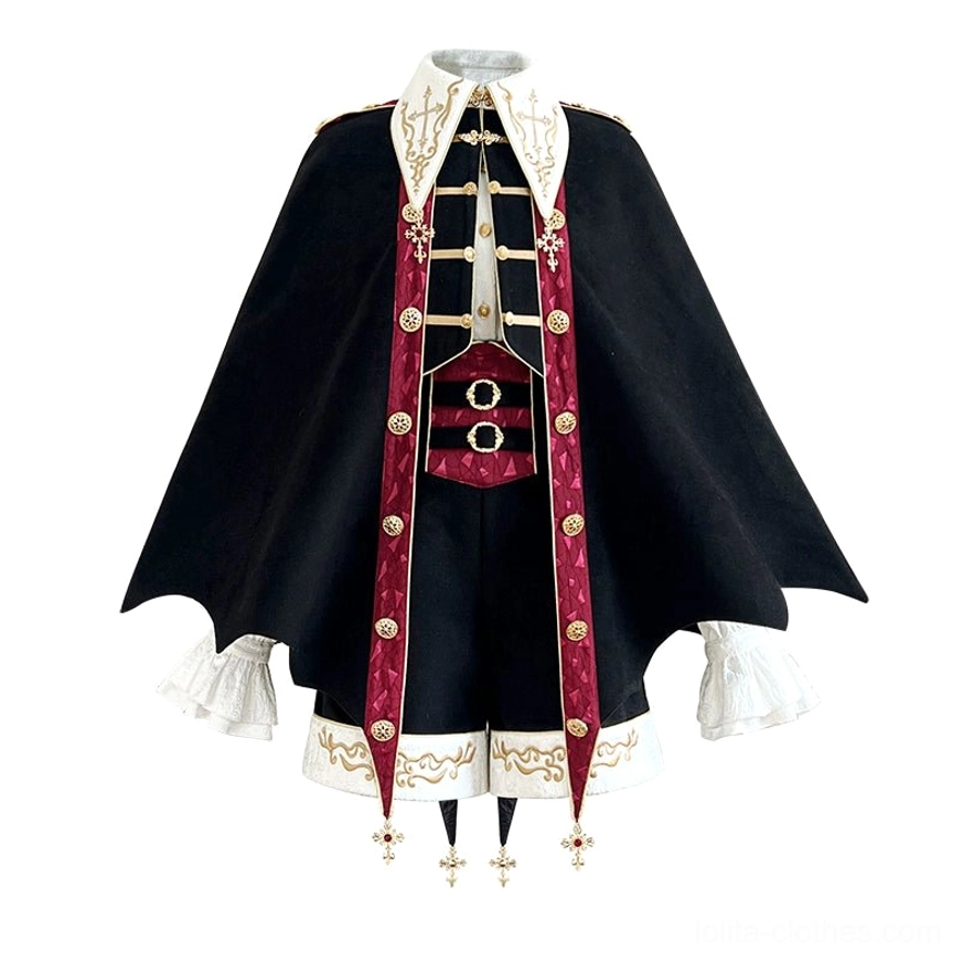 Vampire Ouji Lolita bat cape set paired with styled accessories platform boots lace jewelry gothic coordinate