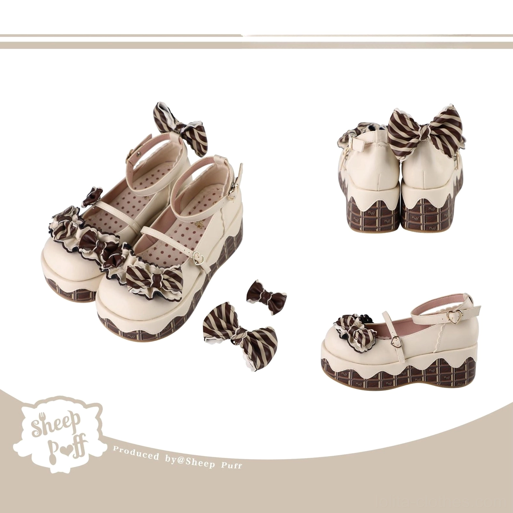 Vanilla chocolate lolita platform shoes colorway flatlay display showing cream tone aesthetic and chocolate-pattern sole design