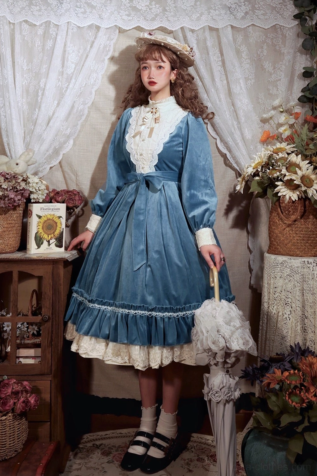 Vintage velvet lolita op dress back view full-length rear shot dress construction cross-pleated skirt ruffled hem detail