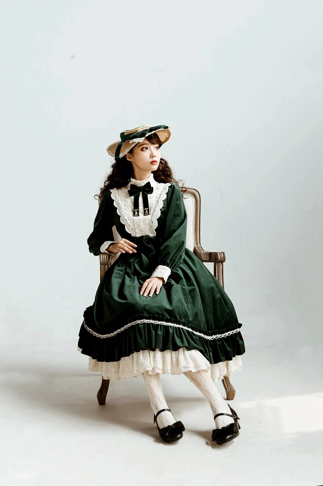 Vintage velvet lolita op dress dark green color front view detailed shot standing model color showcase