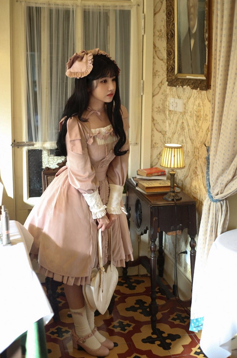 Multiple color options of velvet Lolita OP dress displayed together showing wine red, black, blue, brown, and pink colorway palette for Lolita fashion coordinate planning