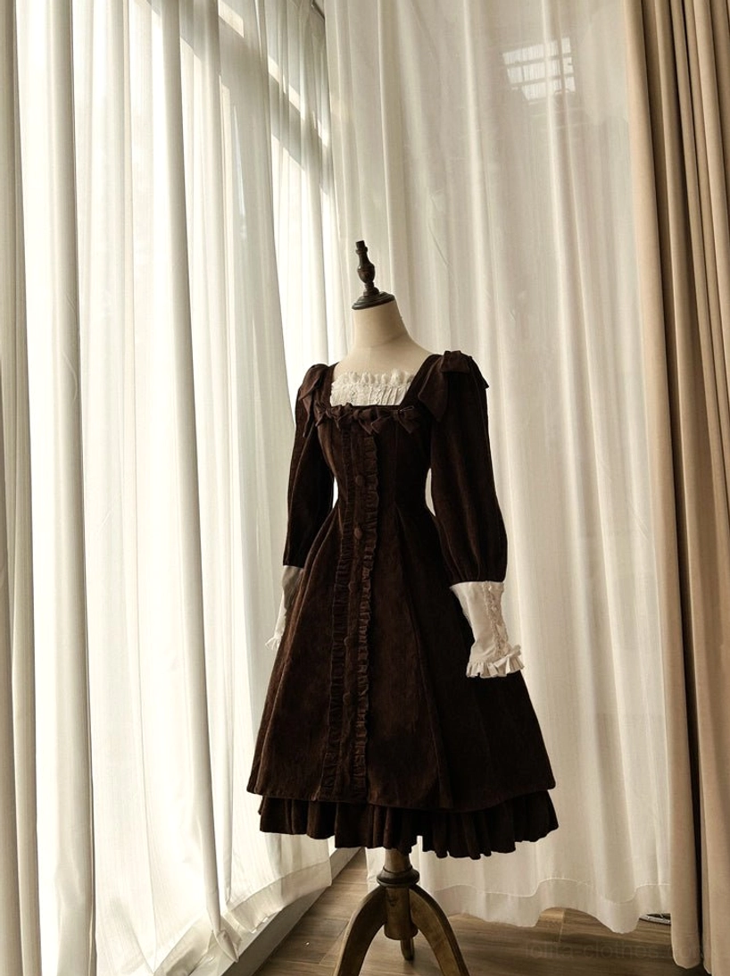 Velvet Lolita OP dress detail shot showing mutton sleeves construction, corset lacing front panels, and button embellishments with Victorian silhouette architectural design elements