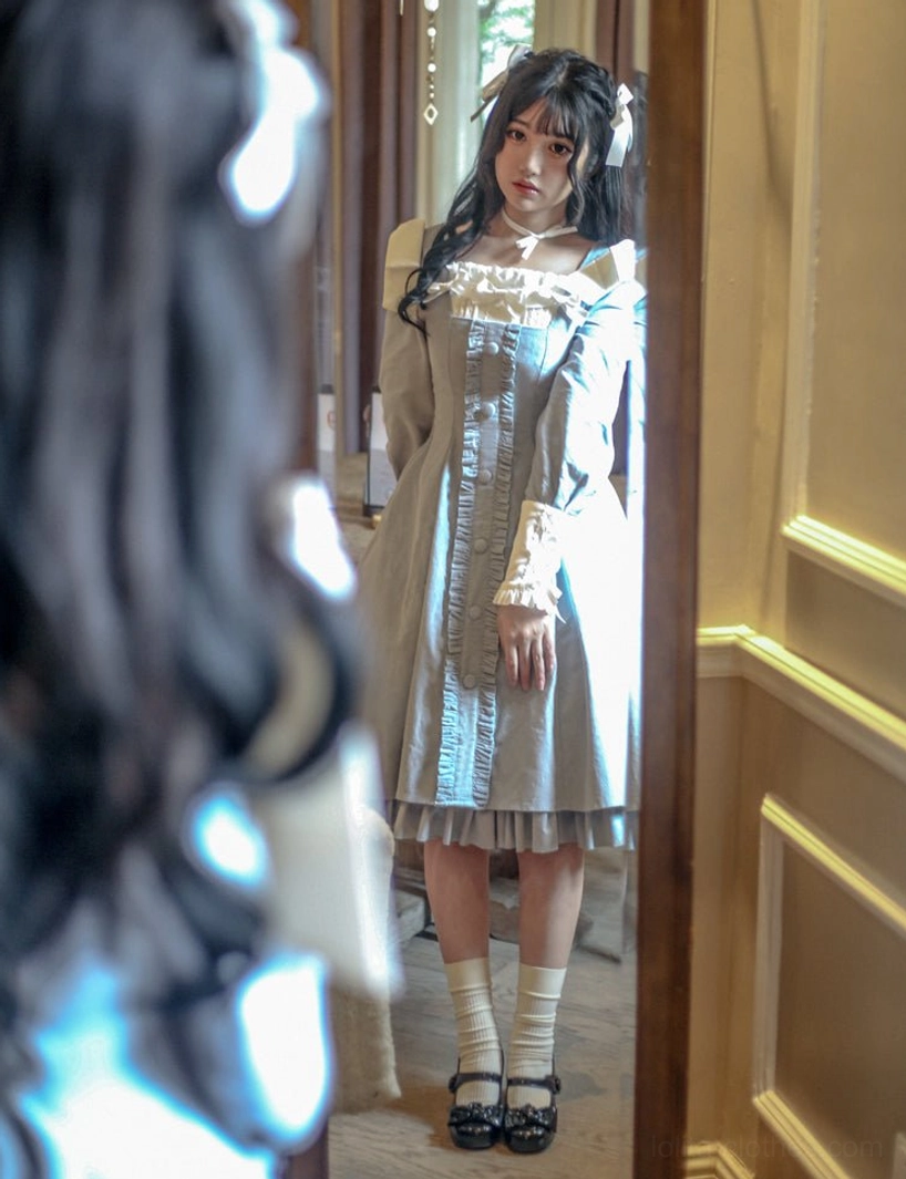 Velvet Lolita OP dress quality assurance photography showing stitching craftsmanship, seam construction, ruffle precision, and premium handmade details worthy of investment piece status