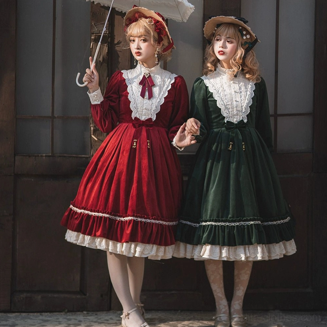 Vintage elegant velvet lolita one-piece dress front full-body group shot outdoor setting two female models wearing misty blue and wine red colorways with white lace collar ruffled hem ribbon trim neck bow ornament