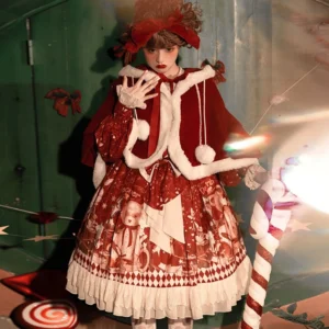 Red velvet lolita christmas dress with white plush trim cape full front view green doorway