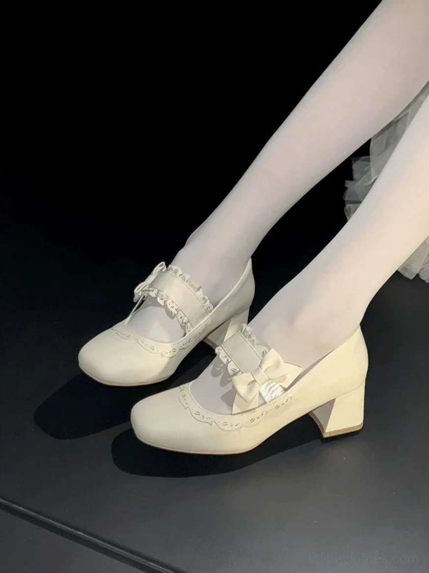 Classic lolita chunky heel mary jane shoes with refined victorian-inspired silhouette and elegant decorative trims, styled with white ankle socks and traditional lolita accessories for authentic coordination