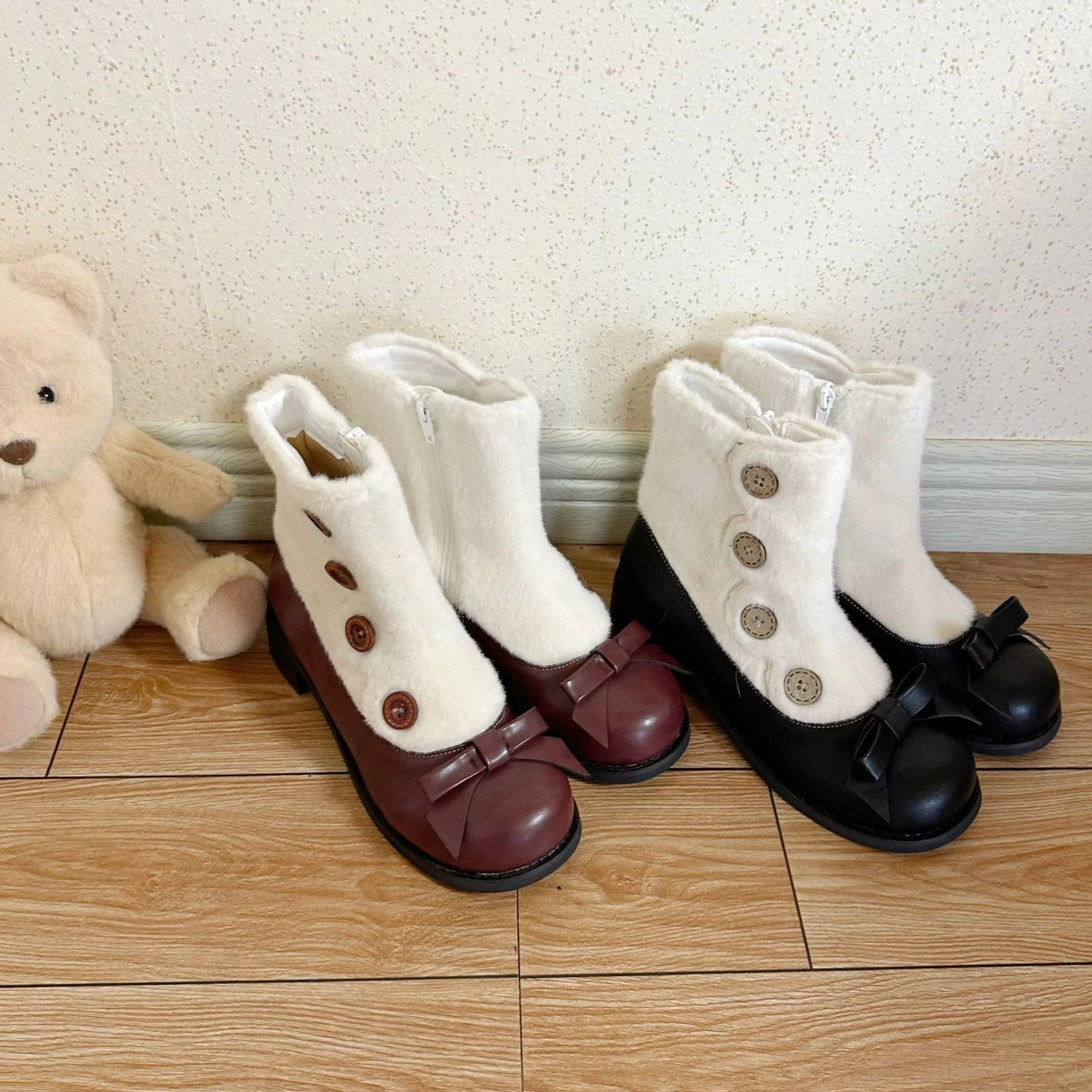 Victorian lolita boots flat lay side display wine red black faux fur cuff button ornament bow platform block heel with teddy bear decor