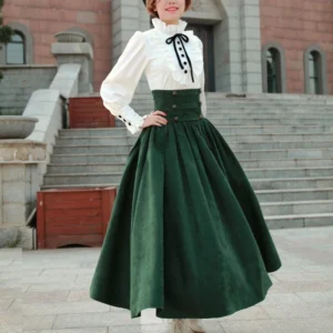 Vintage Lolita two-piece outfit featuring white ruffled blouse paired with forest green corduroy skirt, model wearing set on outdoor retro brick stairway with hands on hips pose