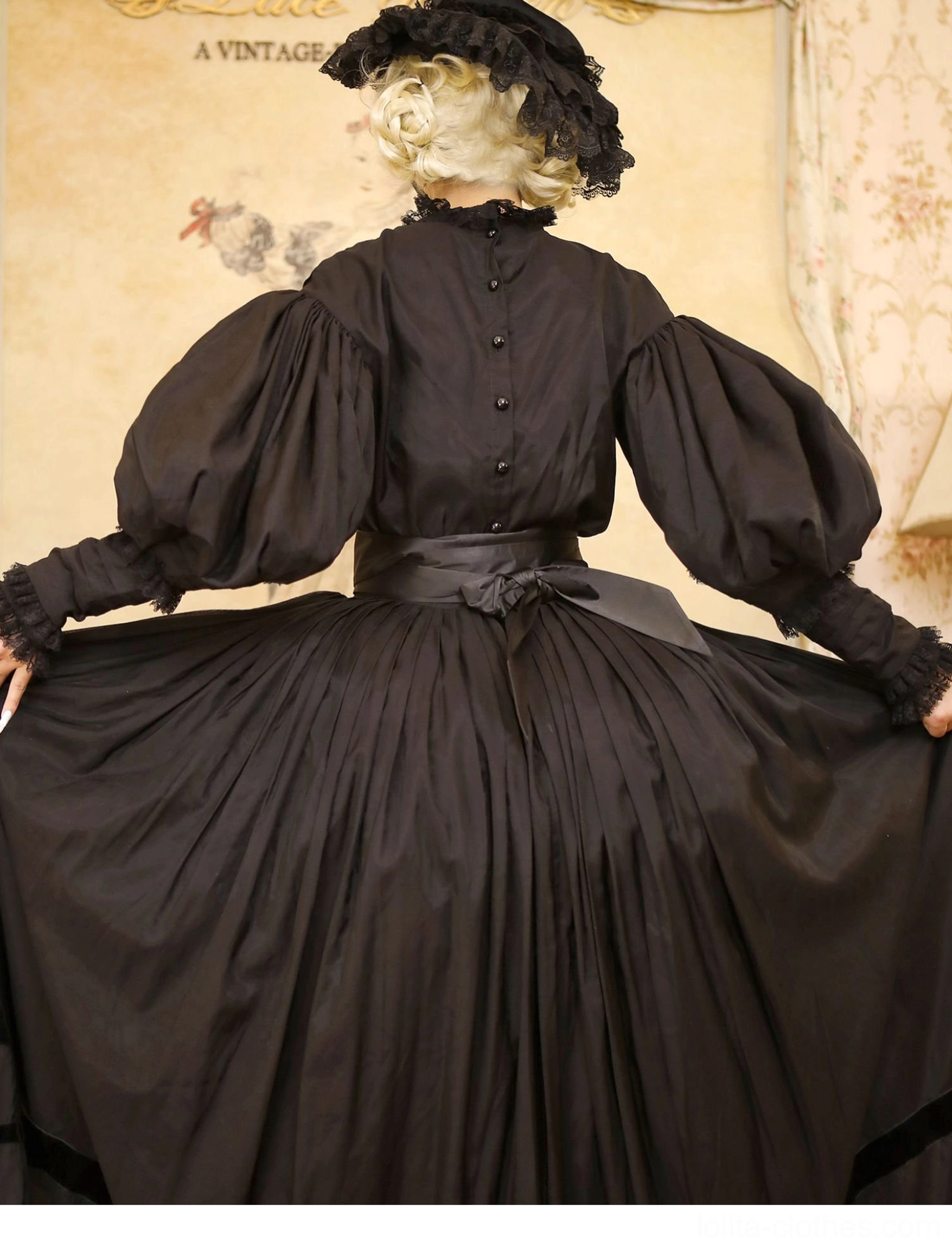Victorian Lolita ruffled collar detail featuring layered ruffles, delicate lace trim, high stand collar construction, and fine stitching representative of handcrafted period-inspired design