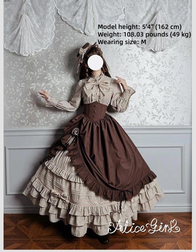 Complete Victorian lolita outfit on live model height 162cm wearing striped blouse with coordinated layered ruffled skirt