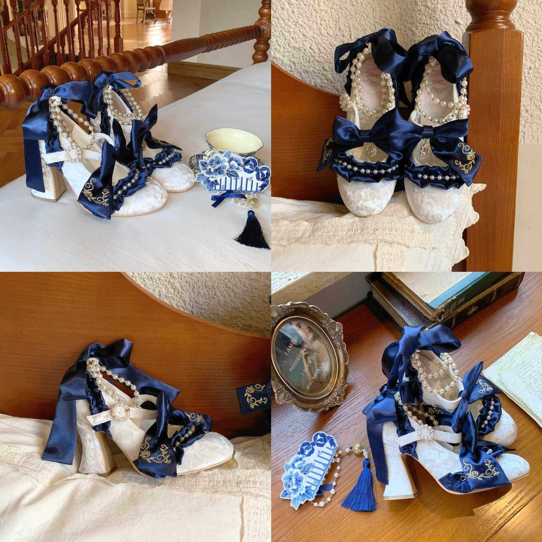 Vintage-inspired adjustable ankle strap classic Lolita heels with pearl ribbon decorations and soft dimensional ruffle edging