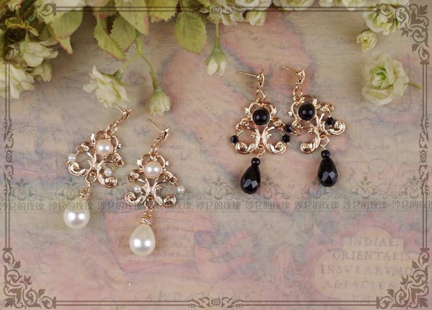 Vintage Baroque Lolita earring collection with ornate gold settings, black crystal drops and white pearl teardrop drops