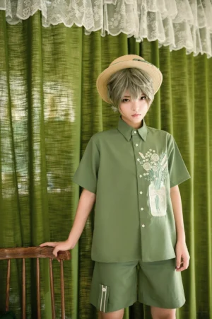 Casual lolita botanical shirt dress in sage green with full-body front standing view, tailored short sleeves, button-up closure, green curtain vintage interior background