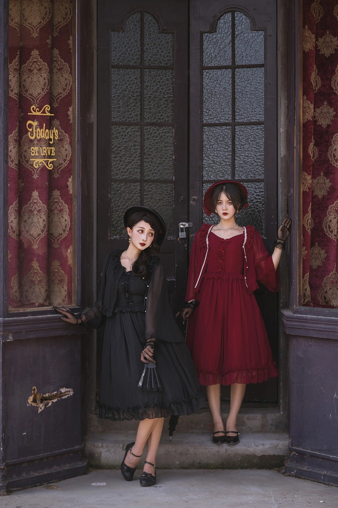 Vintage chiffon Lolita jumper skirt color option champagne elegant romantic aesthetic full-body view