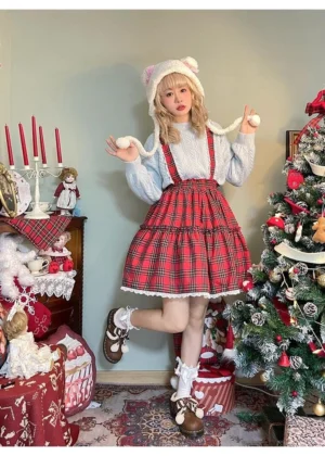 Vintage Christmas plaid lolita JSK suspender skirt set with red tartan doll collar blouse full body side view studio shot