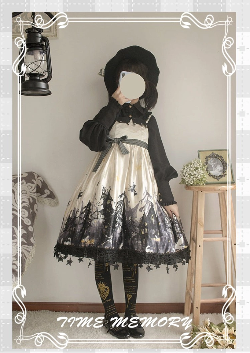 Vintage daily Lolita outfit black long-sleeve mutton blouse forest print skirt with lace hem small top hat patterned stockings indoor scene