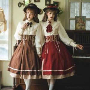 Elegant vintage fishbone lolita skirt full front view featuring high waist design and A-line silhouette with musical note embellishments in brown and red colorways