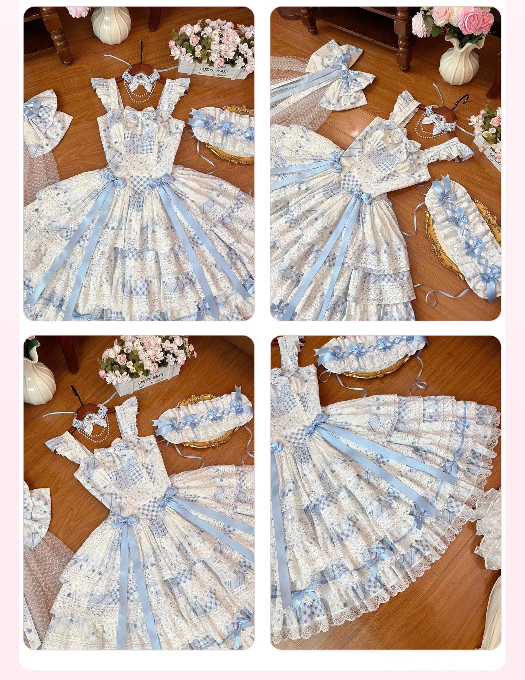 Vintage floral wedding lolita JSK dress full-body front view showing complete tiered ruffle silhouette with gingham check bodice and satin ribbon embellishments