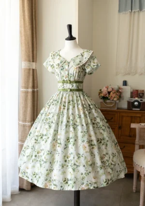 Vintage forest floral printed daily lolita OP dress front view on dress form mannequin, featuring scalloped doll collar, short puffed sleeves, and full A-line midi skirt with green waist sash