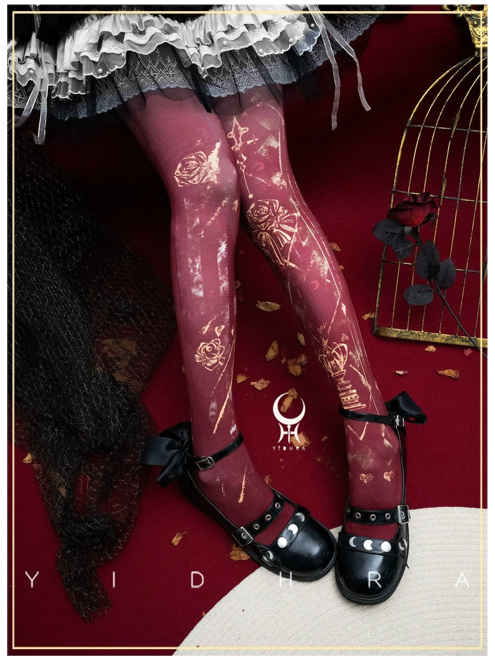 Burgundy red vintage Gothic Lolita printed pantyhose with gold rose and retro scribble patterns matched with ruffled Lolita underskirt and black buckle shoes