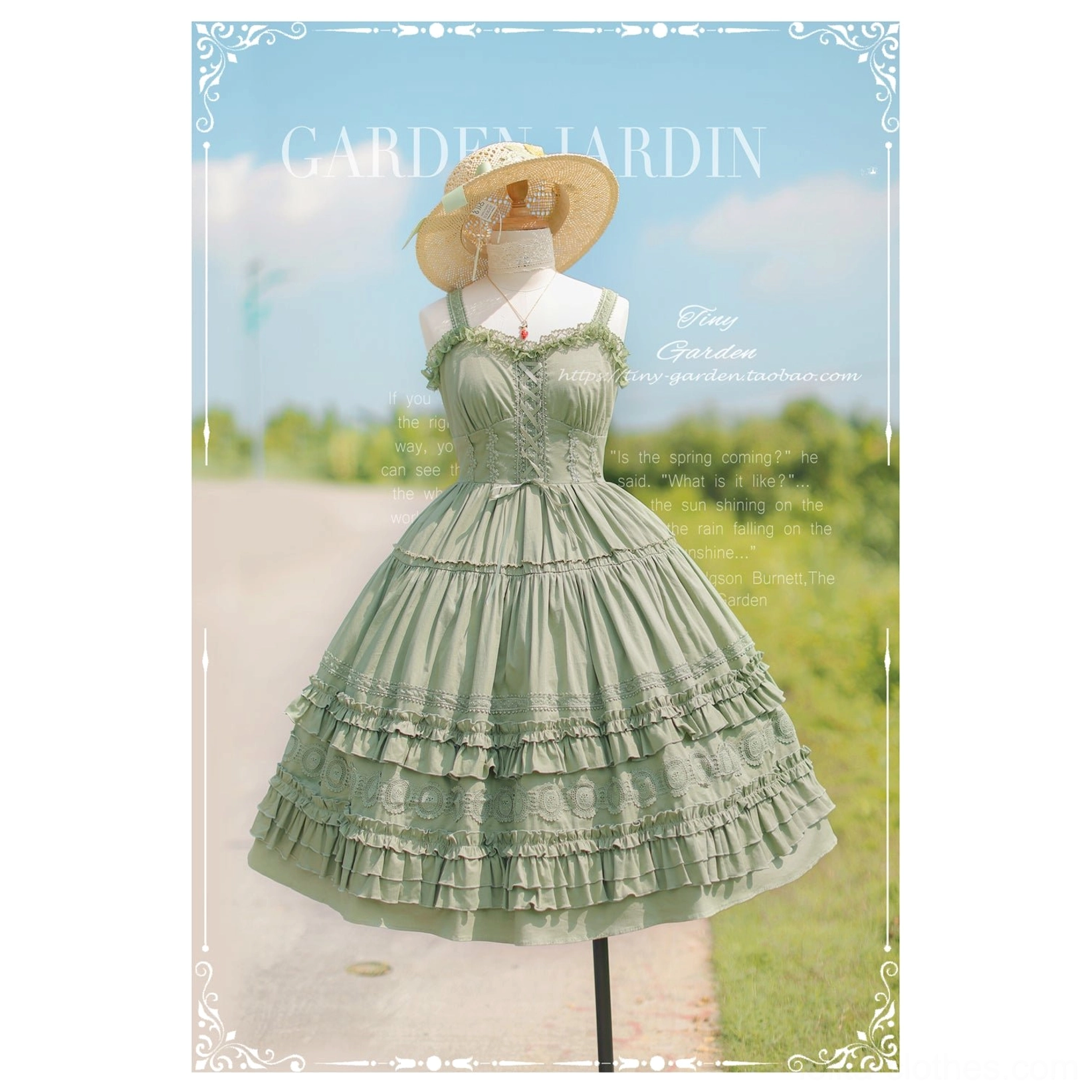 Vintage sage green lolita JSK jumper skirt featuring tiered ruffled skirt with lace edging sweetheart neckline and spaghetti straps, mannequin display outdoors in rustic countryside backdrop with straw hat