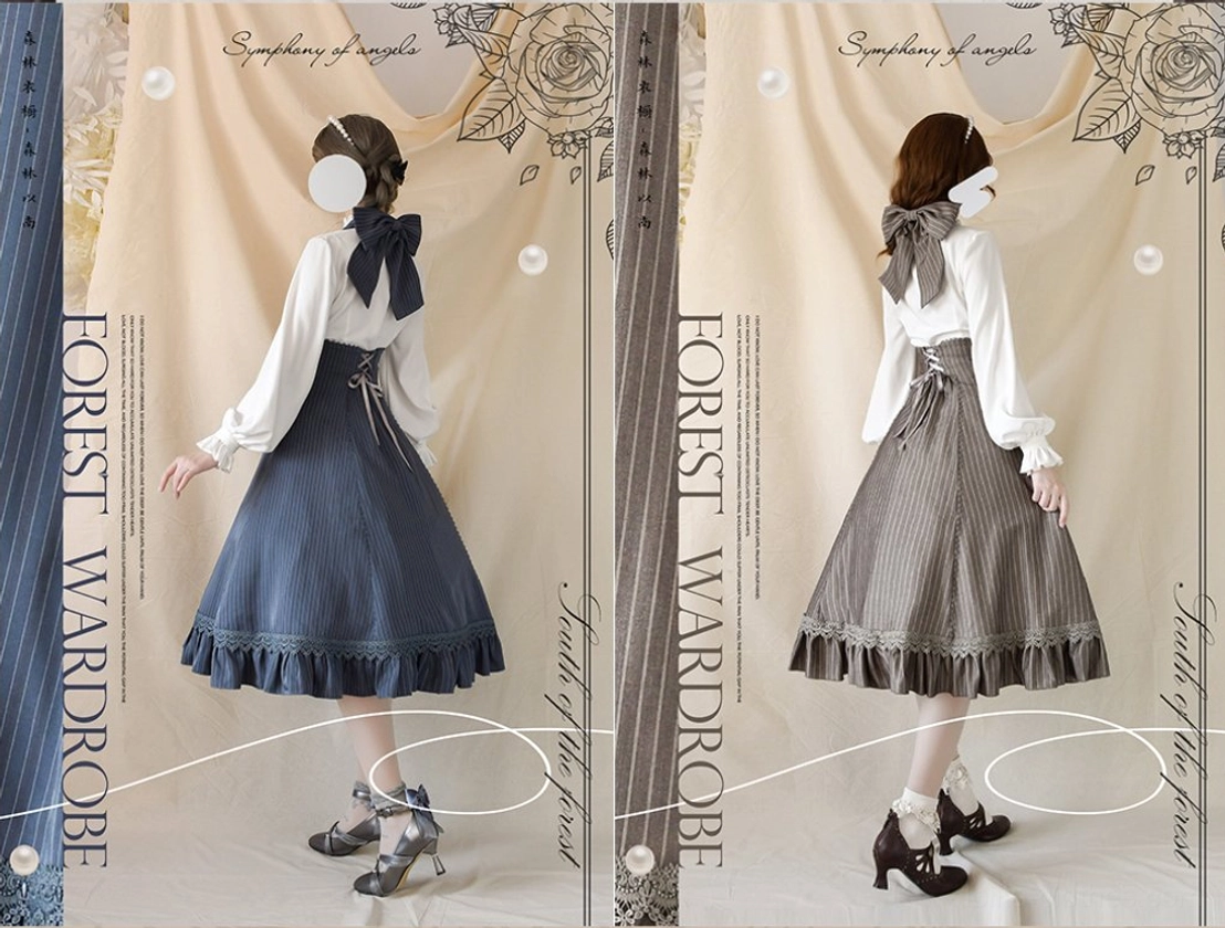 Back view complete lolita coordinate halter JSK dress with detachable bow, corset-style lace-up waist detail, flowy A-line long skirt silhouette vintage