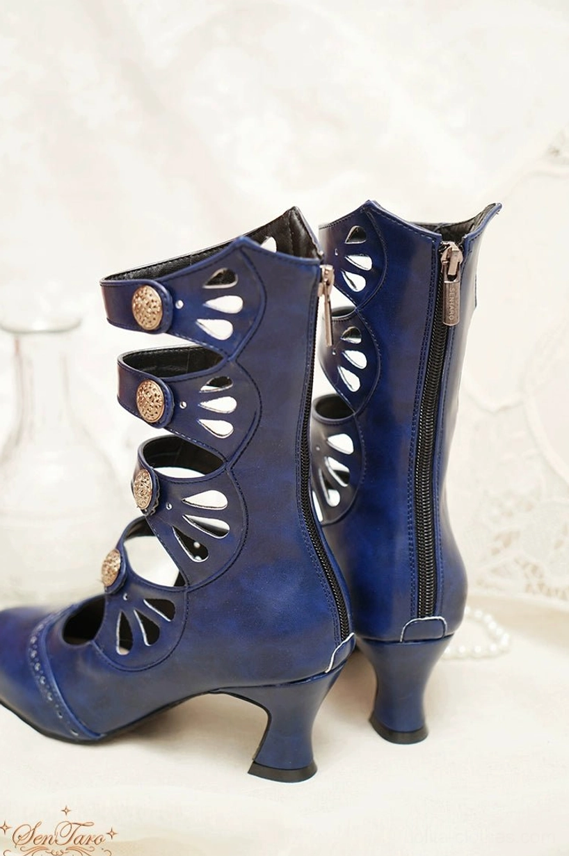Vintage-inspired Lolita Mary Jane ankle boots with floral hollow-out design and burgundy faux leather upper