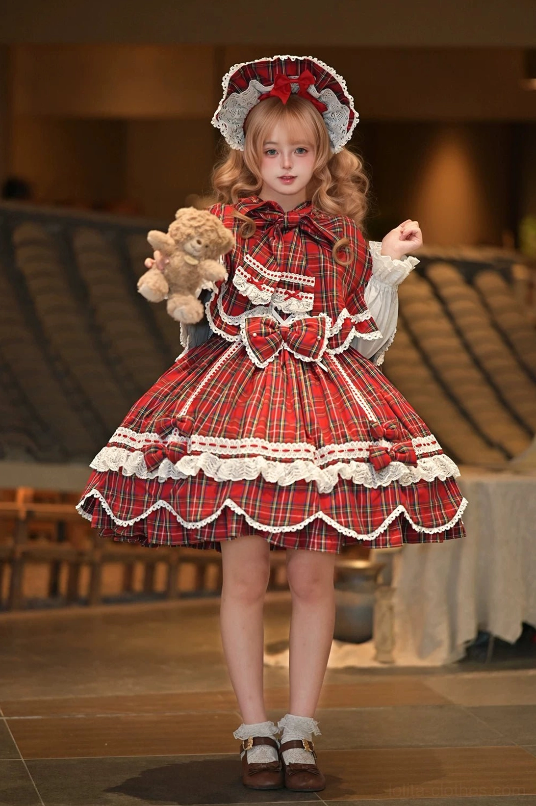 Vintage-inspired plaid lolita one-piece dress model wearing full outfit demonstrating fit across sizes and styling versatility options