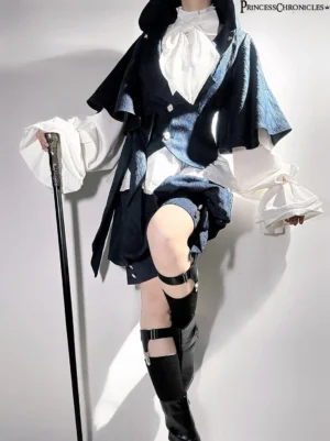 Vintage knight lolita jacket and shorts set - left three-quarter front full-body view showing navy blue tailcoat jacket with rabbit ear hood, ruffled white sleeves, and coordinating high-waisted shorts with side bow details, model holding walking cane