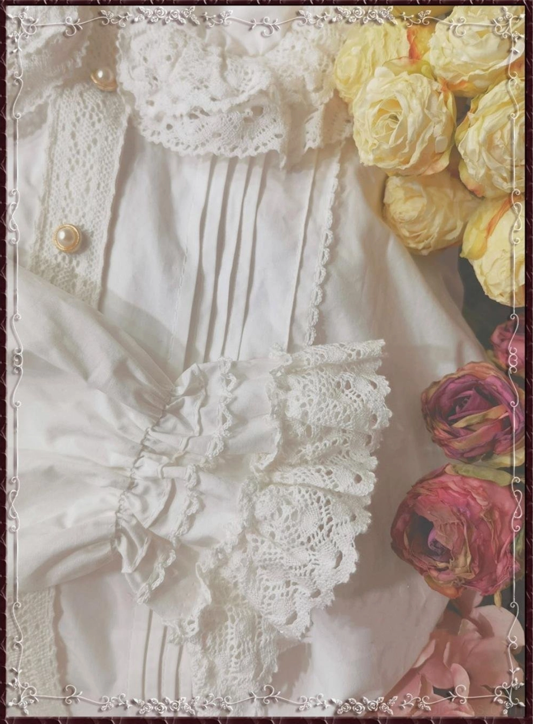 Vintage lace cotton Lolita blouse double layer Peter Pan collar showing romantic silhouette and ruffled design detail