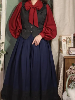 Vintage lolita bishop sleeve blouse front view full body coordination burgundy puff sleeves black waistcoat navy skirt
