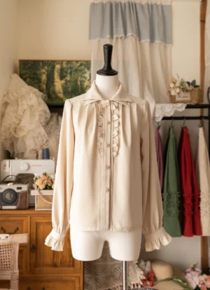 Cream beige vintage lolita blouse with dual collar ruffled placket front display on mannequin retro studio