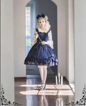 Vintage lolita blouse worn with navy star JSK dress gothic royal coordinate full-body styling