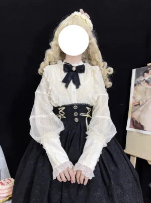 Cream Lolita blouse featuring ruffled stand collar, front button placket, sheer lantern sleeves with lace-trimmed cuffs paired with black high-waisted skirt featuring corset-style waistband, straight front view
