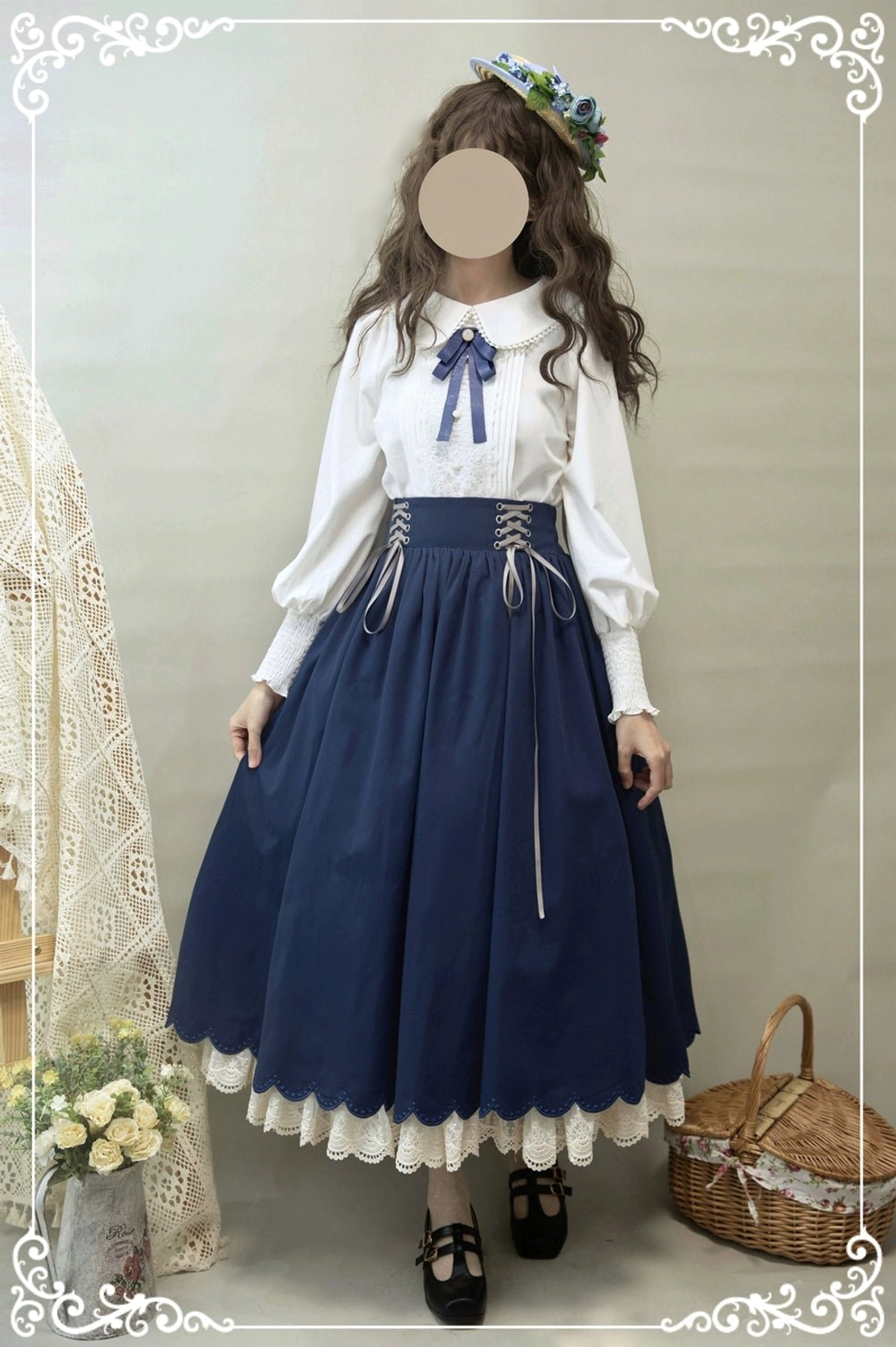 Vintage lolita blouse and skirt coordination detail shot showing color matching bow brooch lace trim and structured proportions
