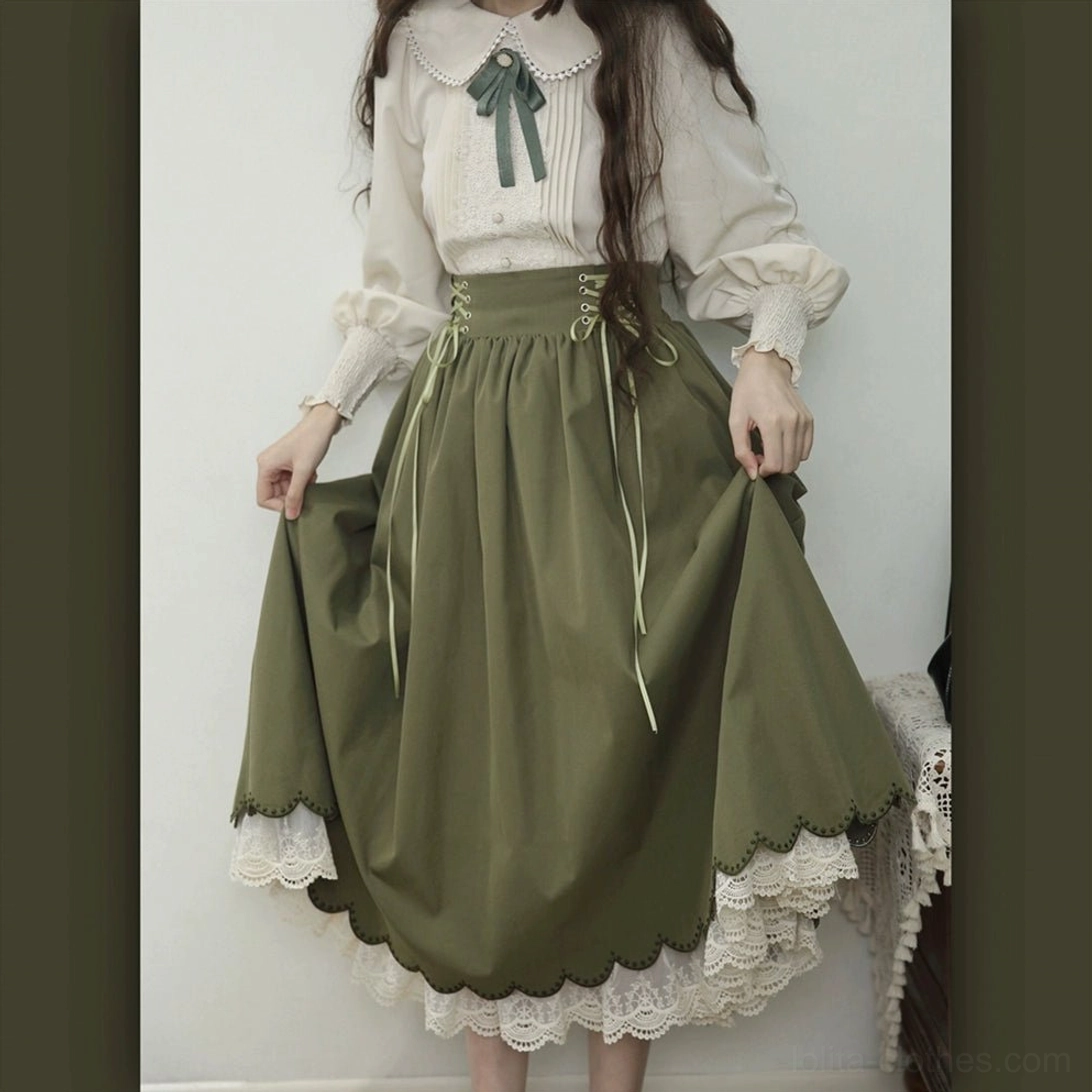 Vintage lolita blouse and skirt fit guide showing shirring placement mutton sleeve construction and elastic waistband engineering
