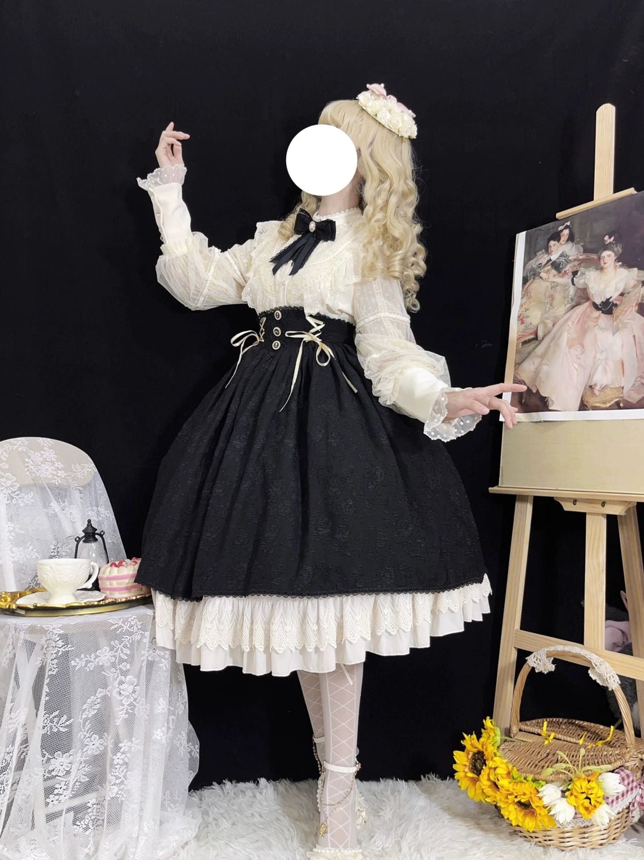 Vintage Lolita blouse and skirt suit side three-quarter view cream ruffled blouse hem black skirt white lace trim matching black bow necktie
