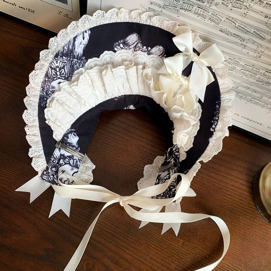 Vintage lolita BNT bonnet headpiece accessory - front view flat lay display showing coordinated head wear with embroidered details and ruffled trim for complete lolita ensemble