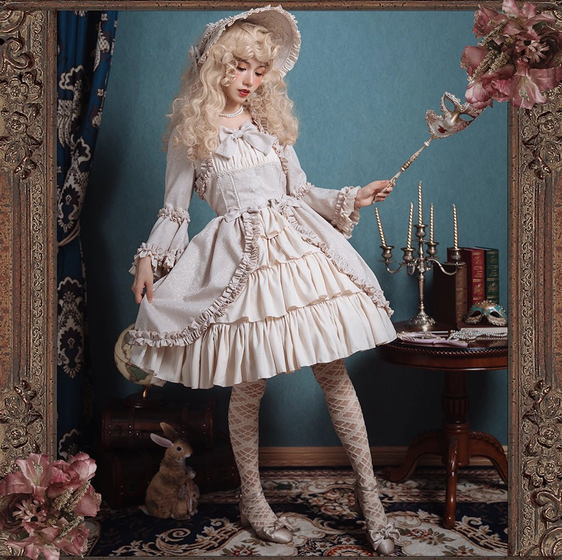 Vintage Lolita bonnet headdress with decorative ribbon and bowknot attachment close-up detail