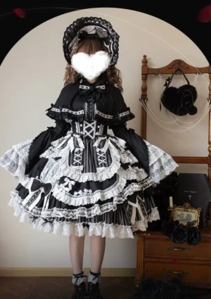 Black and white vintage lolita cape bonnet set full body front view elegant floral print headpiece